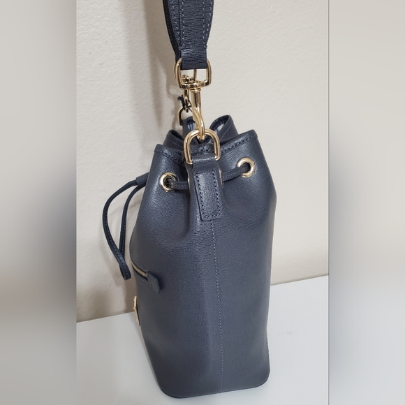 New Dooney & Bourke Dark Gray Saffiano Leather Drawstring Bucket Bag - Picture 6 of 11